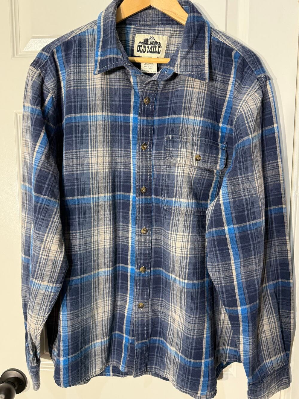 Old Mill Blue and Gray Plaid Flannel Button-Up Long Sleeve Shirt, Men's Size 2XL